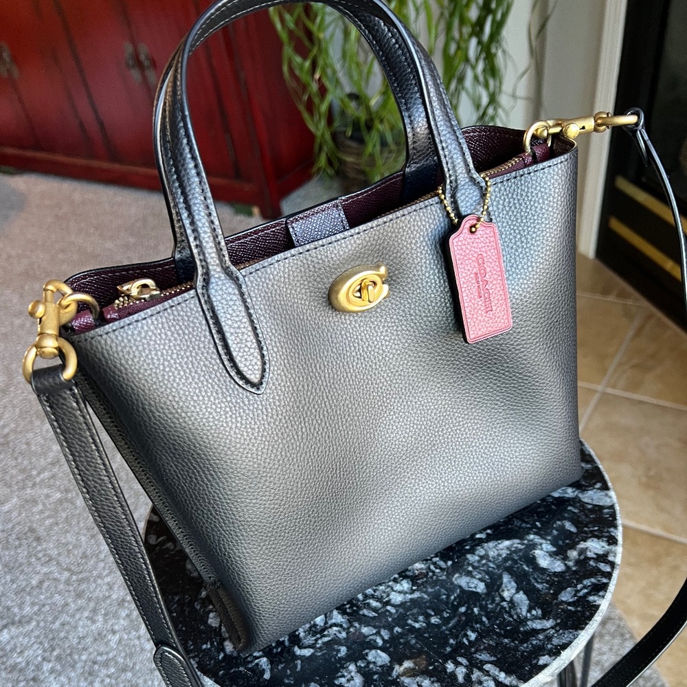 Coach Black Pebbled Leather Tote with Burgundy Interior and Pink Tag Accent